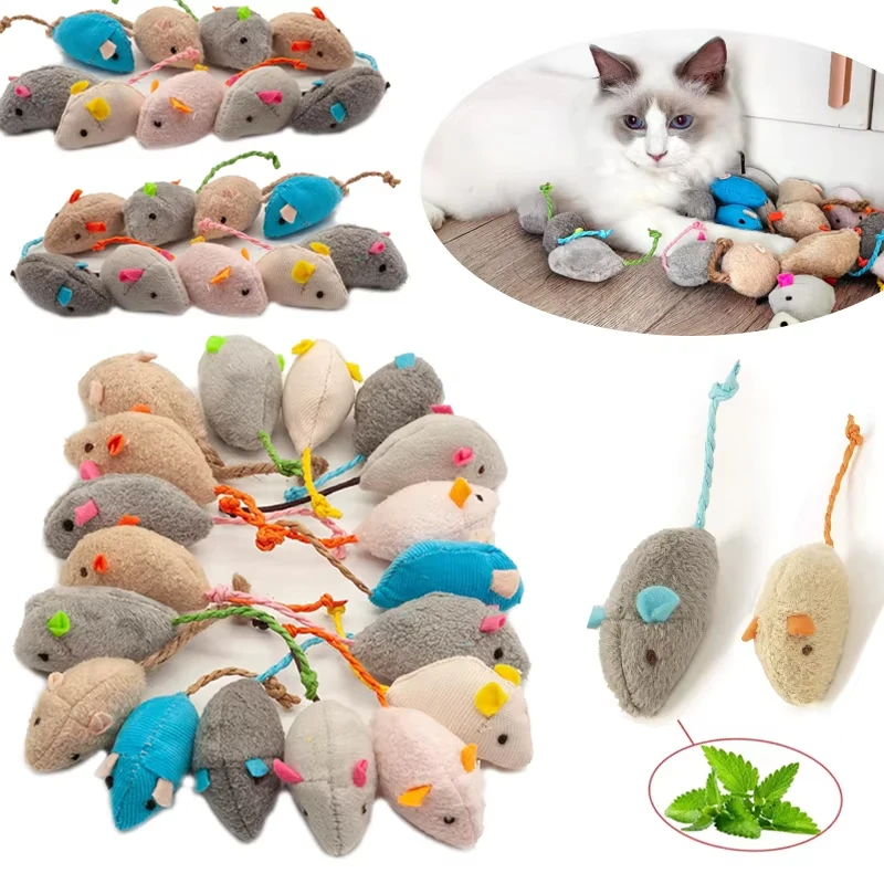 Catnip Interactive Plush Mouse - 猫用おもちゃ5点セット：猫が喜ぶ猫ネクタイ入り、フェイクファー製の猫用ネズミおもちゃ。室内猫向けのインタラクティブな猫ネクタイおもちゃ。