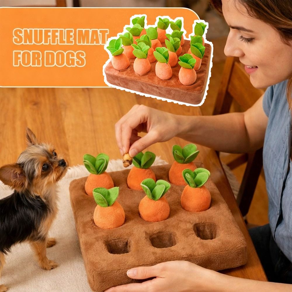Snuffle Mat For Dogs - ストレス解消に役立つ、ニンジン型の嗅ぎマット。知育玩具としても活用でき、犬が自分で食べ物を探し、ゆっくりと食べることを促します。取り外し可能なニンジンが付属。犬用の噛むおもちゃとしても最適です。