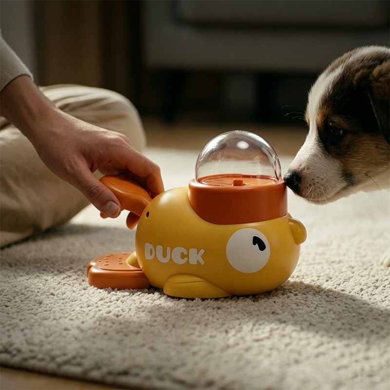 Dog Puzzle Feeder Toy - 犬用2-in-1インタラクティブおもちゃ、ペット用自動フードトリートディスペンサー、漫画のアヒルデザイン、スローフードペットスナックフィーダー、犬のトレーニング用